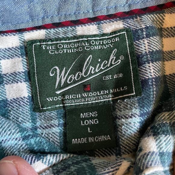 Woolrich Plaid Flannel Button Up Shirt Mens Large Long 6280 Blue Green Mallard - Picture 5 of 11
